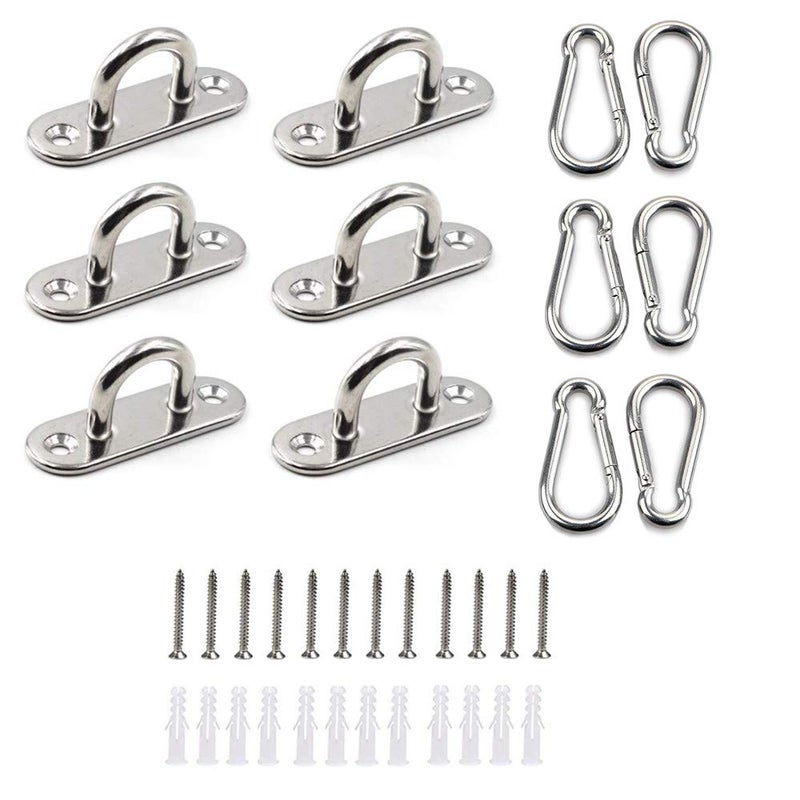 HOMPER 6Pcs M5 304 Stainless Steel Oblong Pad Eye Plate and 6Pcs Carabiner Clips, Marine Hardware Staple Hook Loop with 12 Screws and Plastic Plugs - Image 1